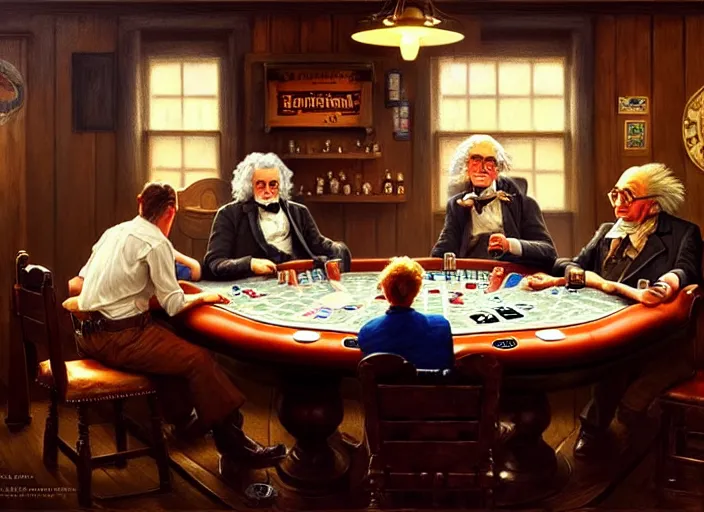 Prompt: playing poker in a saloon, Isaac Newton and Stephen Hawking and Albert Einstein, by Mandy Jurgens, trending on artstation, Richard Schmid and norman rockwell