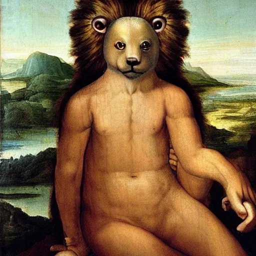 Prompt: a Renaissance painting of a mix between a anthropomorphic lion and sloth