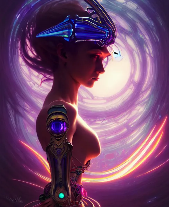 Image similar to a whirlwind of souls rushing inside the metaverse, half body, glowin eyes, tiara with sapphire, pharaoh, android, cyberpunk, d & d, fantasy, intricate, elegant, highly detailed, colorful, vivid color, digital painting, artstation, concept art, art by artgerm and greg rutkowski and alphonse mucha and ruan jia