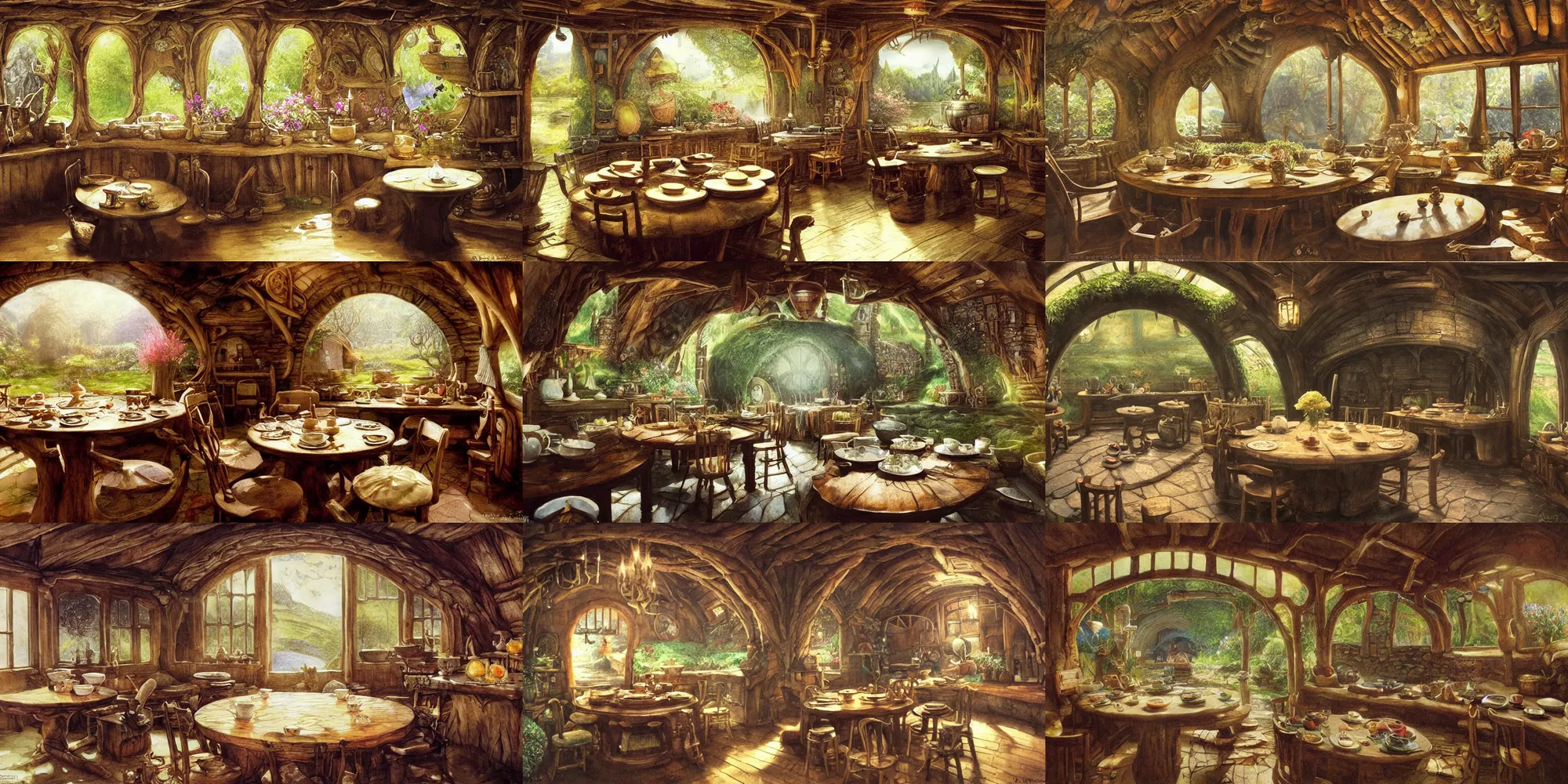 Prompt: interior of a hobbit hole, one large round table is set for second breakfast, steaming teacups and pies cover the table, by alan lee, art station, dust flickers in beams of light from the windows, finely detailed wooden furniture, warm colors, lotus flowers on a pond outside, oil painting