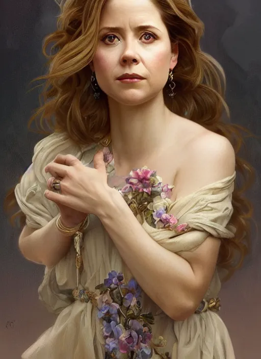 Image similar to beautiful portrait of jenna fischer, by magali villeneuve and greg rutkowski and artgerm and alphonse mucha, intricate, elegant, highly detailed, photorealistic, trending on artstation, trending on cgsociety, 8 k, sharp focus