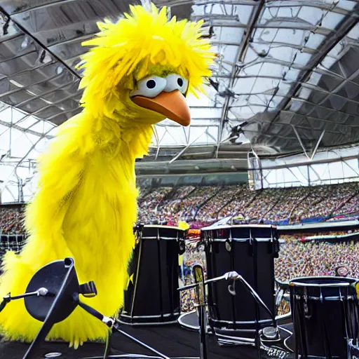 Prompt: big bird playing the drums centre stage at Wembley stadium, photorealistic, 4k