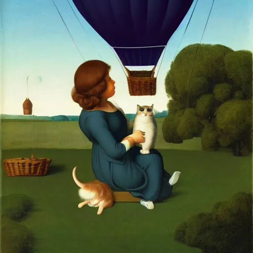 Image similar to a girl and her cat enjoying a hot-air-balloon ride by Raphael, Hopper, and Rene Magritte. detailed, romantic, enchanting, trending on artstation.