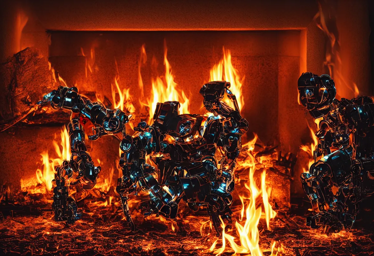 Image similar to An intimate closeup portrait photograph of one menacing cybertronic robot sitting on a frayed recliner in front of a single beautiful fireplace with a cozy fire