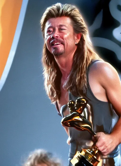 Image similar to a hyper realistic ultra realistic photograph of Joe Dirt winning an oscar, highly detailed, 8k photograph, real