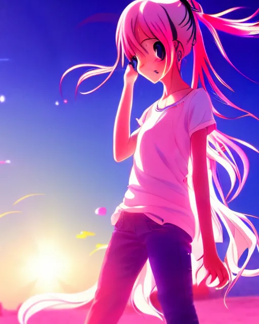 Prompt: anime style, vivid, full body, a cute girl with white skin and long pink wavy hair singing a song, heavenly, stunning, realistic light and shadow effects, happy, centered, landscape shot, happy, simple background, studio ghibly makoto shinkai yuji yamaguchi