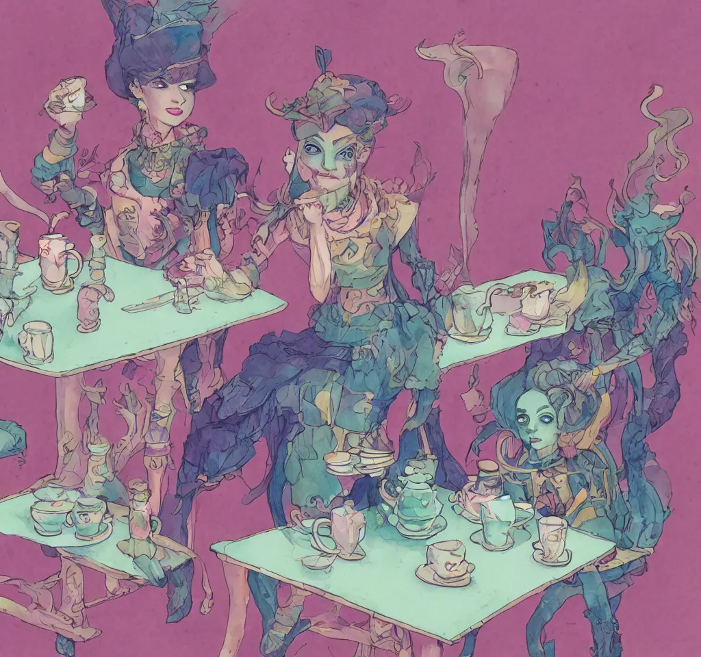 Image similar to soldier of chaos, mischief and beauty having tea alone at a table in a pastel fantasy land, surreal, glitched watercolor, chromatic abberation, trending on artstation, in the style of james jean feint, inspired by art nouveau