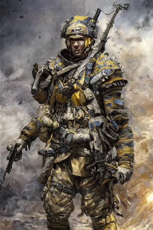 Image similar to a distant shot of a Ukrainian Call of Duty soldier with blue and yellow uniform standing alone on a pile of skulls as a winner, masculine figure, D&D, fantasy, intricate, elegant, highly detailed, extremely detailed, digital painting, artstation, concept art, matte, sharp focus, symmetrical, illustration, art by Artgerm and Greg Rutkowski and Alphonse Mucha