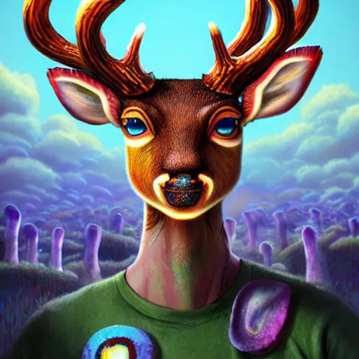 Image similar to 4 k headshot portrait of a psychedelic demonic anthropomorphic deer with mushroom themed clothes, magic mushroom village in background by jeff easley, award winning, stylized neon, post - processing, masterpiece, superb resolution. in the art style of junji ito and greg rutkowski. detailed mushroom city in background. hyper realistic anime. perfect art. dalle 2