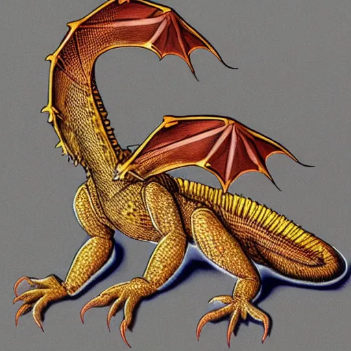 Prompt: A dragon is a lizard like creature with four small legs, a large body ending in a long tail, the head is similar to a lizards but with more sharp teeth and larger eyes. The Dragon also has 2 large wings similar to those of a bats