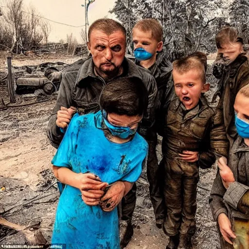 Image similar to radiation eats a ukrainian and his children alive wild pain and desperate selfies, everyone is dressed in dirty blue - yellow rags against the backdrop of a huge nuclear explosion from which the skin has already burned to the bone