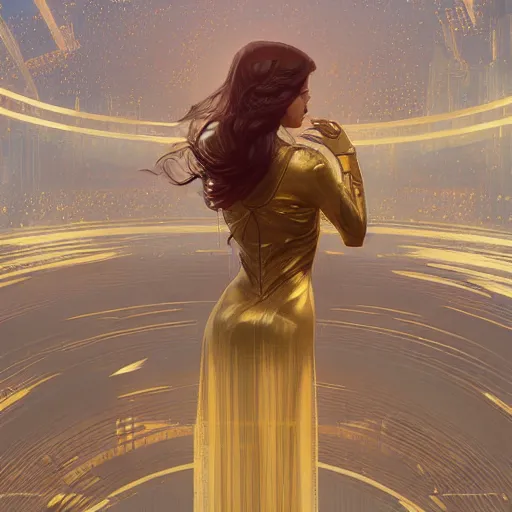 Prompt: a golden android stands alone in a vast city, fog, volumetric lighting, intricate, elegant, highly detailed, digital painting, artstation, concept art, smooth, sharp focus, art nouveau, art by artgerm and greg rutkowski and alphonse mucha