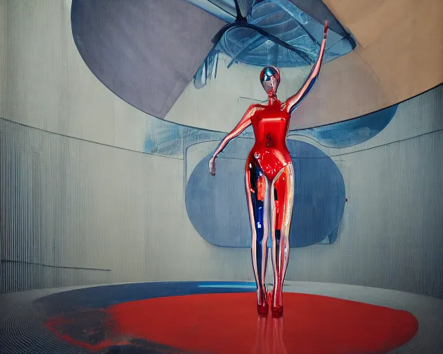 Prompt: a transforming model wearing futuristic bodysuit waving a flag on a rotating platform in a bullring surrounded by lights by james jean and luc tuymans and beeple and hernan bas and pat steir and hilma af klint, psychological, 3 d, dripping paint, high quality render, masterpiece