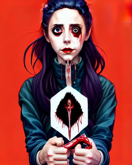 Image similar to loish, artgerm, Joshua Middleton art, Rafeal Albuquerque, pretty Alison Brie serial killer holding bloody knife in right hand realistic hand, blood on clothes and face, sarcastic smile, symmetrical eyes, symmetrical face, jean jacket, jeans, short blonde hair, middle shot, night time, deep blacks