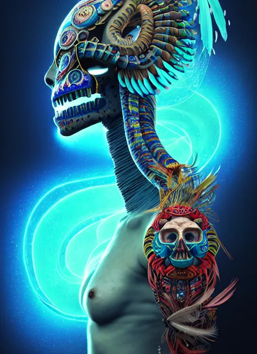 Image similar to 3 d shaman with tattoos profile portrait, sigma 5 0 0 mm f / 5. beautiful intricate highly detailed quetzalcoatl skull and feathers. bioluminescent, plasma, lava, ice, water, wind, creature, thunderstorm! artwork by tooth wu and wlop and beeple and greg rutkowski, 8 k trending on artstation,