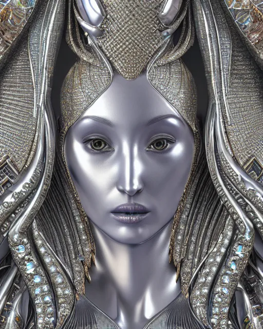 Image similar to a highly detailed metahuman 4 k close up render of an alien goddess bella hadid monument in iris van herpen dress schiaparelli in diamonds crystals swarovski and jewelry iridescent in style of alphonse mucha gustav klimt trending on artstation made in unreal engine 4