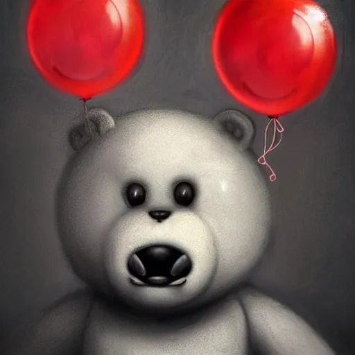 Prompt: surrealism grunge cartoon portrait sketch of a teddy bear with a wide smile and a red balloon by - michael karcz, loony toons style, minecraft style, horror theme, detailed, elegant, intricate