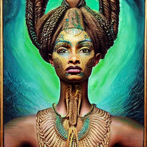 Prompt: intricate detail, hyper detail, nefertiti, african sybil, lady of elche techno mystic princess intergalactica, wearing labradorite body armor, hazel green eyes, teal eyebrows, with neon aqua rapunzel dreadlocks, detailed, by h. r. giger, sandro botticelli, masterpiece, sharp focus,