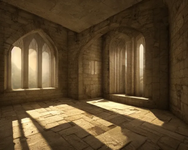 Image similar to the interior of a castle, rendered with ray tracing, volumetric lighting, smooth lighting, high detail shadows, moody lighting, candle lighting, high definition, large resolution