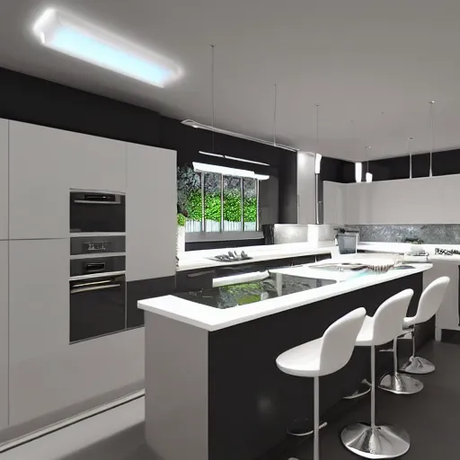 Prompt: modern kitchen with rgb led strip lighting roof lantern, homes and gardens, super detailed render, award winning,