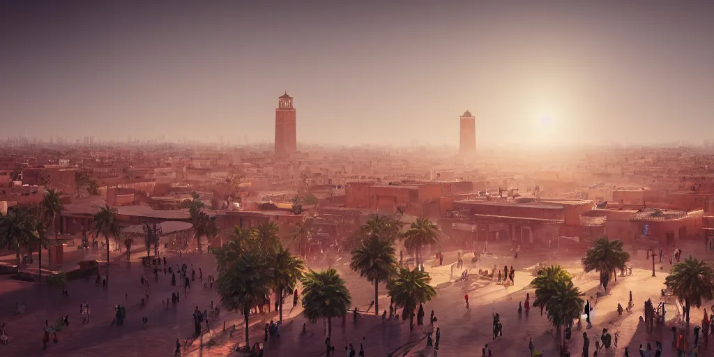 Prompt: smart city of marrakech, volumetric light, detailed, establishing shot, an epic fantasy, cinematic, photorealistic, ultrarealistic, trending on art station, octane render