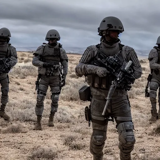 Prompt: Mercenaries wearing grey body armor and FAST-MT combat helmets fighting a bloody battle, photo by Adam Ferguson, Pulitzer Winning, cinematic composition, breathtaking, modern, r/MilitaryPorn, 8k, taken in 2022