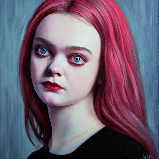 Image similar to a striking hyper real painting of Elle Fanning , dark, metal, occult, by Glyn Smyth