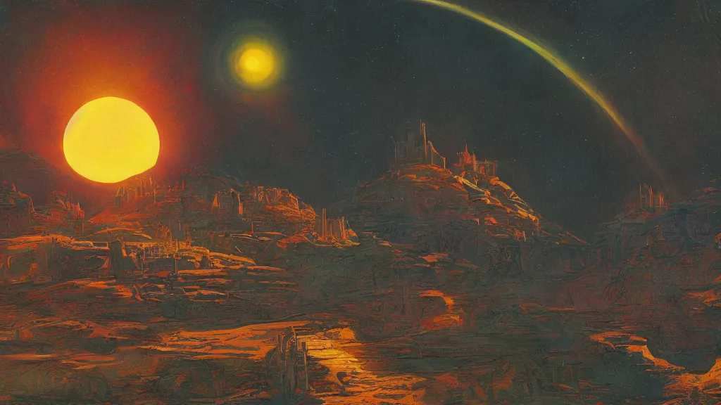 Image similar to artwork in the style of finnian macmanus and in the style of chesley bonestell.