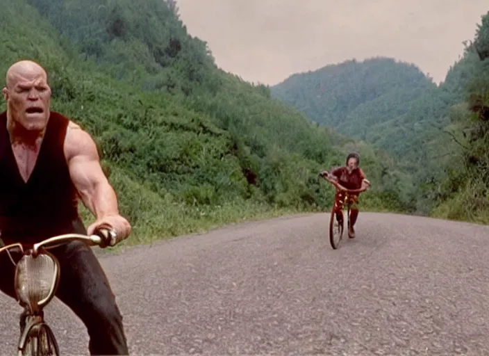Prompt: film still of thanos as brand riding a very small bicycle down a steep mountain road in the goonies 1 9 8 5