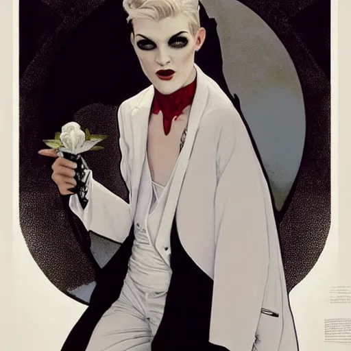 Image similar to pleasing portrait of androgynous ruby rose as desire from sandman in a white tuxedo!!!, rockabilly style,, by alphonse mucha, by jeremy mann, by peter lindbergh, dave mckean, by frank moth, white suit and black tie, soft lightning, high detailed, 8 k