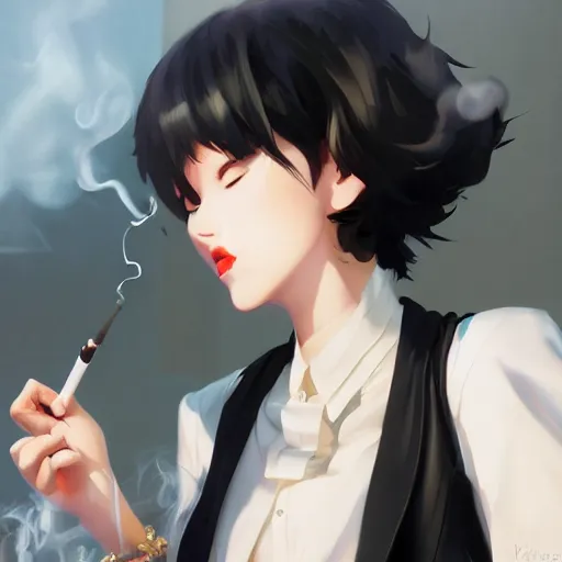 Image similar to black hair woman smoking a cigarette by krenz cushart stu dts yoshiku wlop, white smoke, dramatic lighting, cinematic lighting, back lit, chromatic aberration, white smoke, trending on ArtStation Pixiv, high detail, sharp focus, smooth