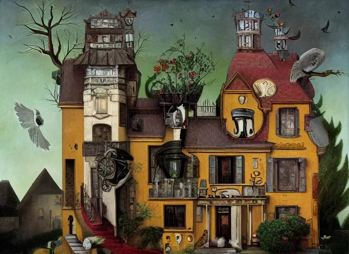 Image similar to a house with a tower, owl, birds, cheese, lowbrow in the style of mark ryden and francisco de goya,