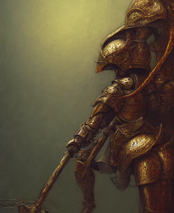 Image similar to royal knight in golden sun ornament armor, dismounted, beksinski, trending on artstation