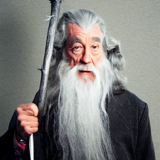 Image similar to Gandalf wearing a suit, DLSR photo