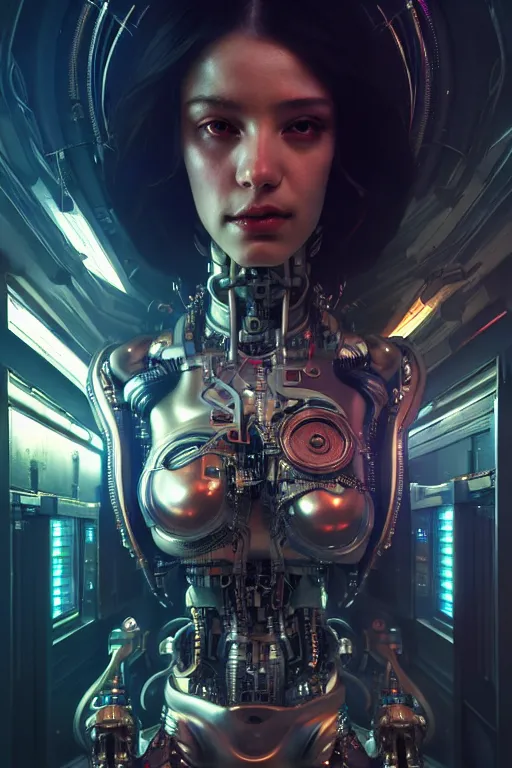 Image similar to ultra realistic, beautiful female cyborg in a crowded smoky cyberpunk club in space megalopolis, sci - fi, intricate details, eerie, highly detailed, octane render, 8 k, art by artgerm and alphonse mucha and greg rutkowski