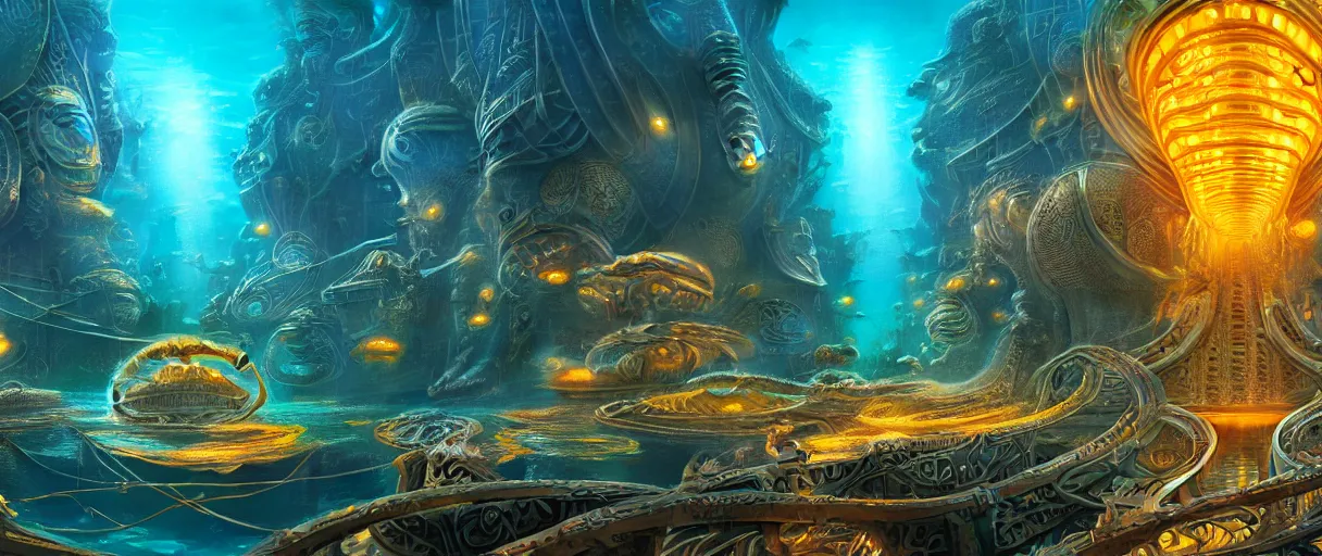 Prompt: hyperrealistic ornate underwater borg city of atlantis on giant orange and yellow cyborg tentacles matte painting concept art alex grey hajime sorayama cinematic soft red lighting low angle hd 8k sharp shallow depth of field