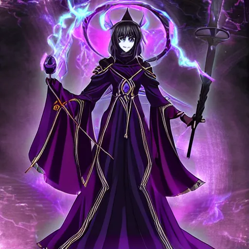 Image similar to an attractive anime female necromancer mage symmetrical, donned in black cloak with purple staff full view of character in frame