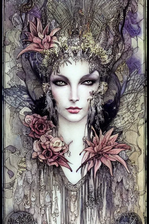 Prompt: dark fairy queen closeup face surrounded by floral frame, art by luis royo and walter crane and kay nielsen, watercolor illustration,