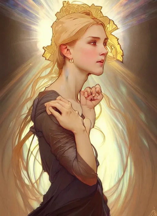 Prompt: a digital concept art by artgerm and greg rutkowski and alphonse mucha. clear portrait of a young wife blessed by god to uncontrollably become overwhelmingly perfect!! blonde, clothes, sit on heels!! light effect. hyper detailed, character concept, glowing lights!! intricate, elegant, digital painting, artstation, smooth, sharp focus