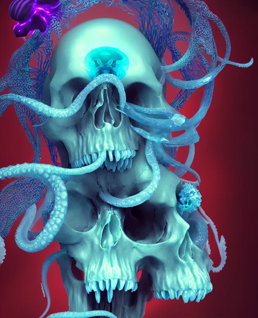 Image similar to goddess close - up portrait human skull, ram skull, squid phoenix jellyfish, orchid, betta fish, bioluminiscent, intricate artwork by tooth wu and wlop and beeple. octane render, trending on artstation, greg rutkowski very coherent symmetrical artwork. cinematic, hyper realism, high detail, octane render, 8 k