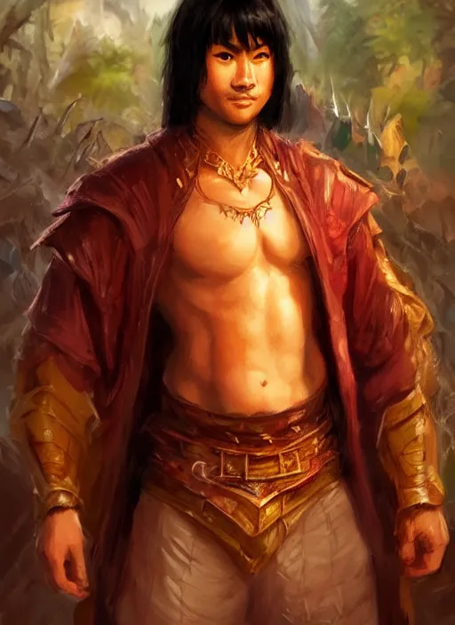 Image similar to asian with medium black hair man looks belly point of view, dndbeyond, bright, colourful, realistic, dnd character portrait, full body, pathfinder, pinterest, art by ralph horsley, dnd, rpg, lotr game design fanart by concept art, behance hd, artstation, deviantart, hdr render in unreal engine 5