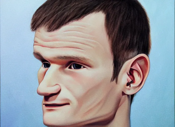 Image similar to vitalik buterin in headphones. vitalik buterin, medium shot, perfect symmetric face, coherent face, coherent eyes, cute, fine details., 4 k, hans zatska, oil paint