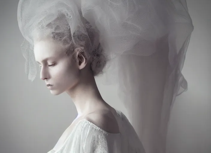 Prompt: a stupid head with highly detailed realistic diged nails, in style of paolo roversi, britt marling style 3 / 4, a beautiful ethereal lace white robe, 8 k, soft focus, soft light, volumetric lighting, highly detailed realistic, refined, highly detailed, natural outdoor soft pastel lighting colors scheme