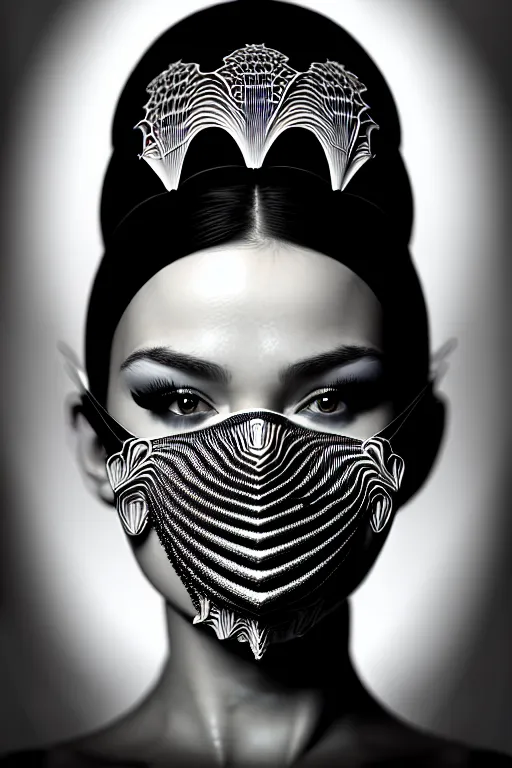 Image similar to portrait of a young beautiful woman with a mask. speed painting, fractal, mandelbulb. black and white, black on black. intricate, elegant, super highly detailed, professional digital painting, smooth, extreme illustration, Unreal Engine 5, Photorealism, HD quality, 8k resolution, 3D, beautiful, cinematic, art. art deco, art nouveau.