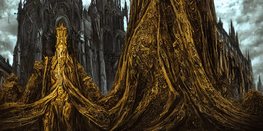 Prompt: a tall towering huge pale human wearing a garment sitting upon an ornate stone throne, 4K, digital art, lovecraftian, lovecraft art, artstation, horror, dramatic, wearing a long yellow rotting garment, dark, hyperrealistic, dramatic perspective, complex (((dark))) cathedral background, dark background, highlights,