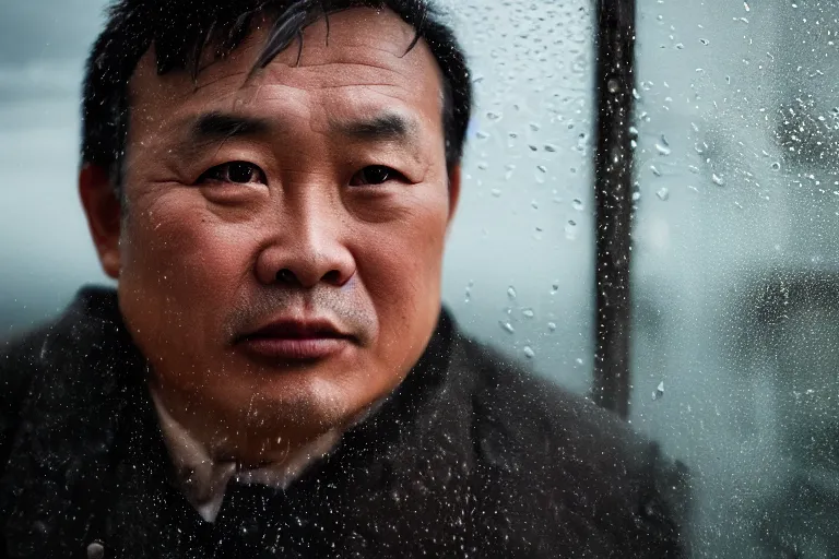 Image similar to a cinematic headshot portrait of a middle aged asian man, through a steamed up window, movie still, ocean background, waves, rain, dramatic lighting, back light, hair light, rim light, 4 k, ultra realistic