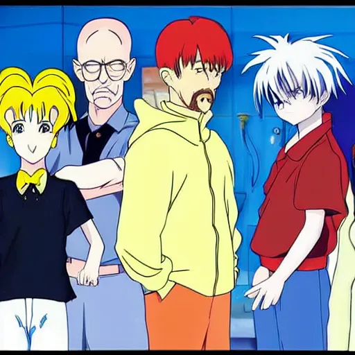 Image similar to a still of a 90s anime, with walter white