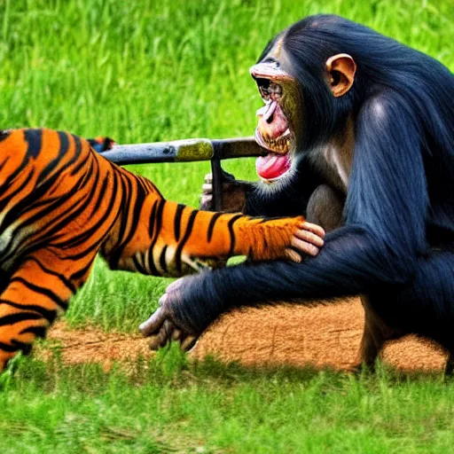 Image similar to chimpanzee fighting a tiger with a sledgehammer, phone recording,