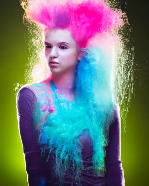 Image similar to a dramatic lighting photo of a beautiful young woman with cotton candy hair. paint splashes. with a little bit of cyan and pink