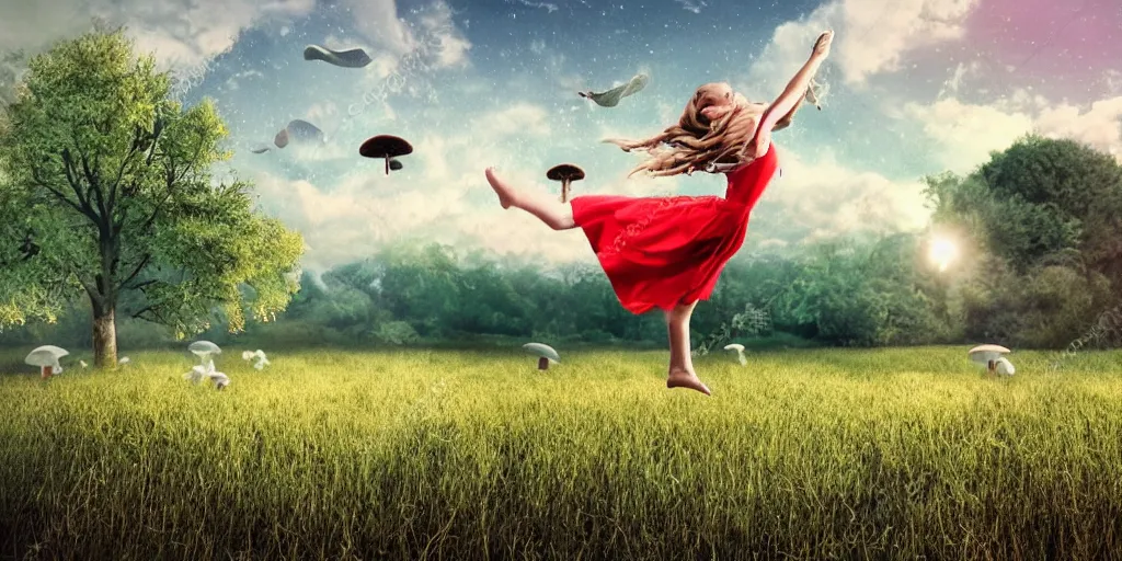 Image similar to pretty girl, wide open field, jumping, flying hair, mushrooms, vegetation, trees, moonlight, old farm